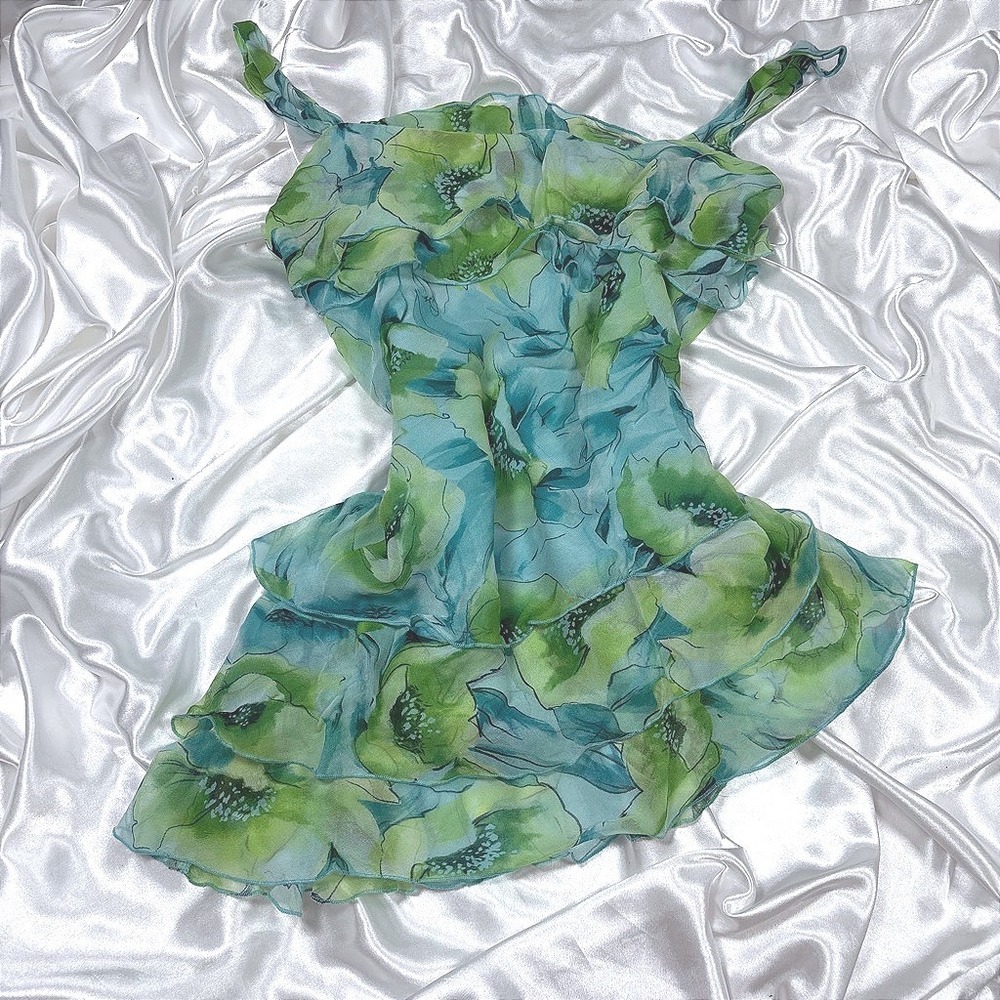 y2k Silk Cami Top Green Teal Excellent Floral Ruffle Tiered Asymmetrical L